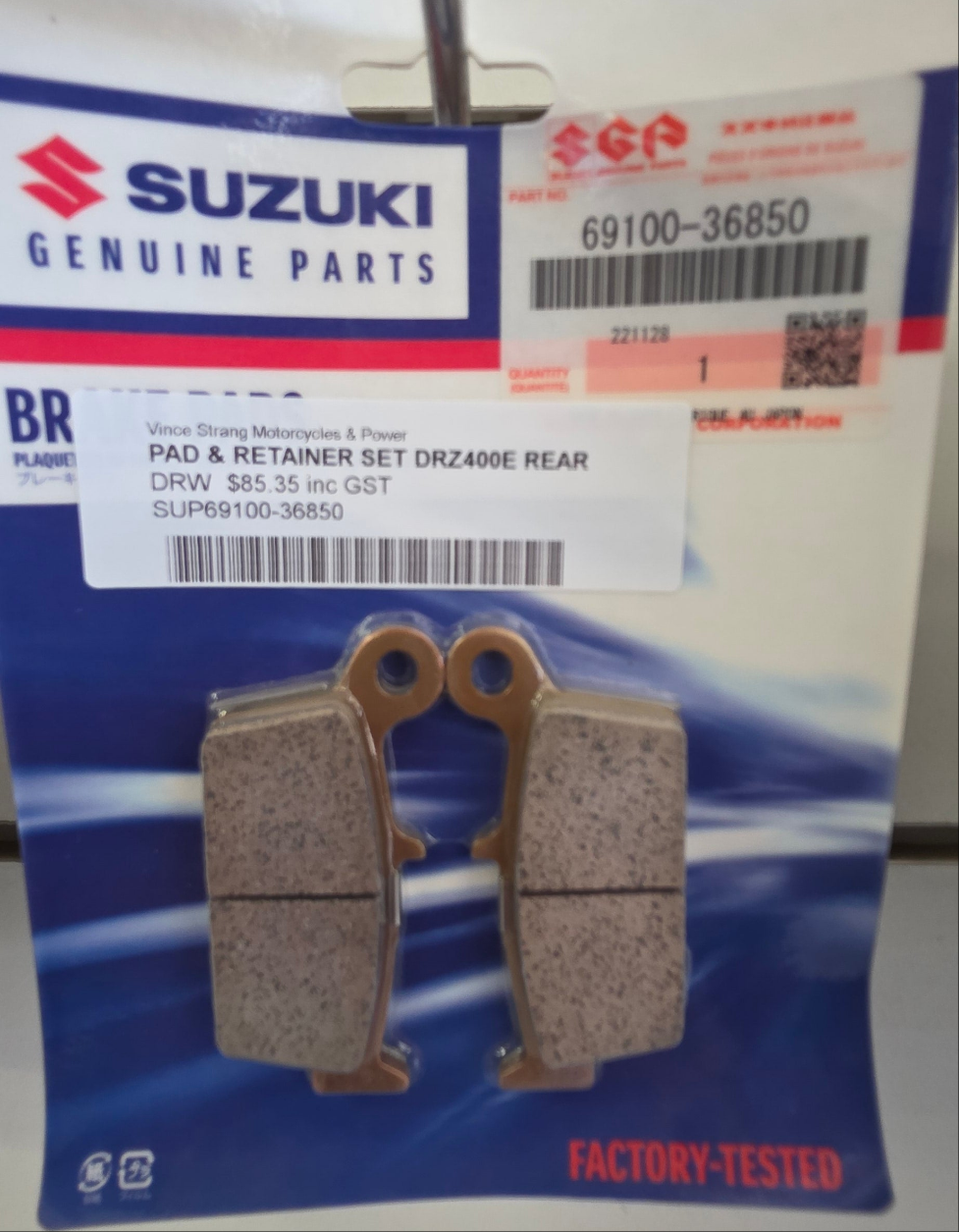 Suzuki Genuine Pad & Retainer Rear Set DRZ400E