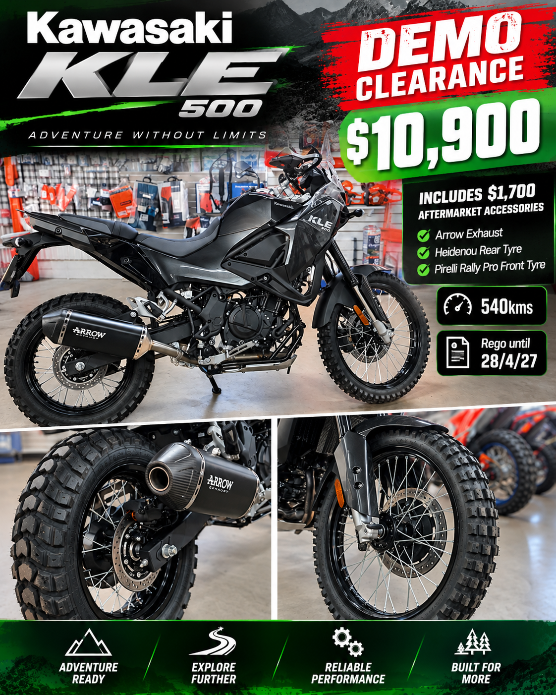 2026 Kawasaki KLE500 Adventure Motorcyle - MY26 (Demo Model)